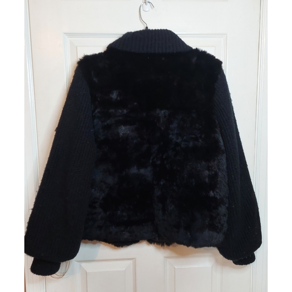 Nika Black Faux Fur Knit Puff Sleeves Bomber Jacket Y2K Baddie Moto Size L - Picture 2 of 14